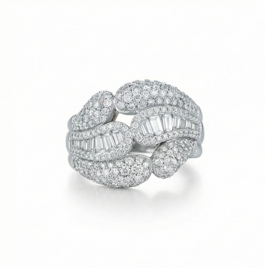 AGOR 925 Sterling Silver Interlocking Dome Ring High Polish Rhodium Jewellery