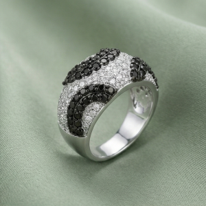 AGOR 925 Sterling Silver Black & White Swirl Pattern Dome Ring High Polish Rhodium Jewellery - Size 7
