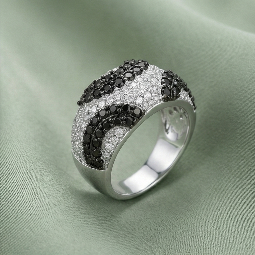 925 Sterling Silver Black & White Swirl Pattern Dome Ring High Polish Rhodium Jewellery - Size 7