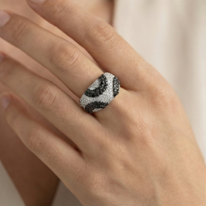 AGOR 925 Sterling Silver Black & White Swirl Pattern Dome Ring High Polish Rhodium Jewellery - Size 7