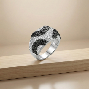 925 Sterling Silver Black & White Swirl Pattern Dome Ring High Polish Rhodium Jewellery - Size 5