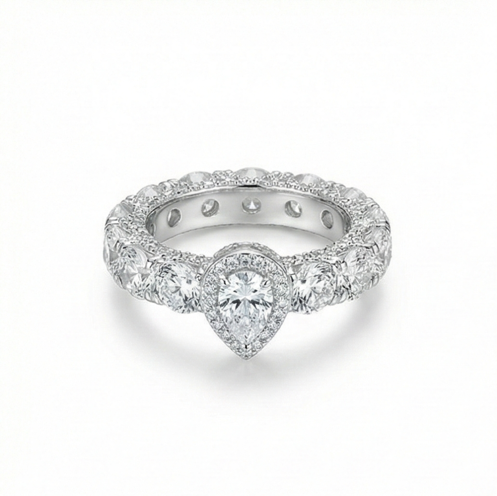 AGOR 925 Sterling Silver Pear Halo Eternity Band Ring High Polish Rhodium Jewellery