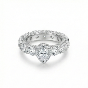 AGOR 925 Sterling Silver Pear Halo Eternity Band Ring High Polish Rhodium Jewellery