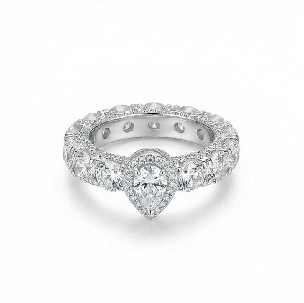 925 Sterling Silver Pear Halo Eternity Band Ring High Polish Rhodium Jewellery