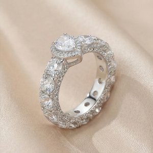 AGOR 925 Sterling Silver Pear Halo Eternity Band Ring High Polish Rhodium Jewellery