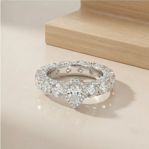 AGOR 925 Sterling Silver Pear Halo Eternity Band Ring High Polish Rhodium Jewellery