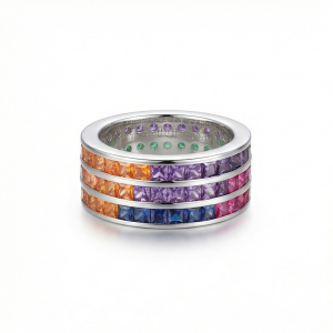 AGOR 925 Sterling Silver Rainbow Multi-Row Band Ring High Polish Rhodium Jewellery - Size 6