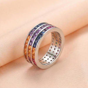 AGOR 925 Sterling Silver Rainbow Multi-Row Band Ring High Polish Rhodium Jewellery - Size 6
