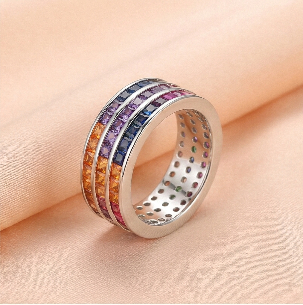 925 Sterling Silver Rainbow Multi-Row Band Ring High Polish Rhodium Jewellery - Size 6