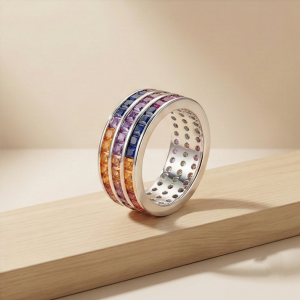 AGOR 925 Sterling Silver Rainbow Multi-Row Band Ring High Polish Rhodium Jewellery - Size 6