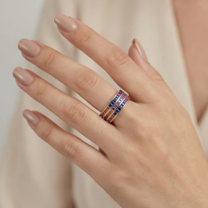 AGOR 925 Sterling Silver Rainbow Multi-Row Band Ring High Polish Rhodium Jewellery - Size 7