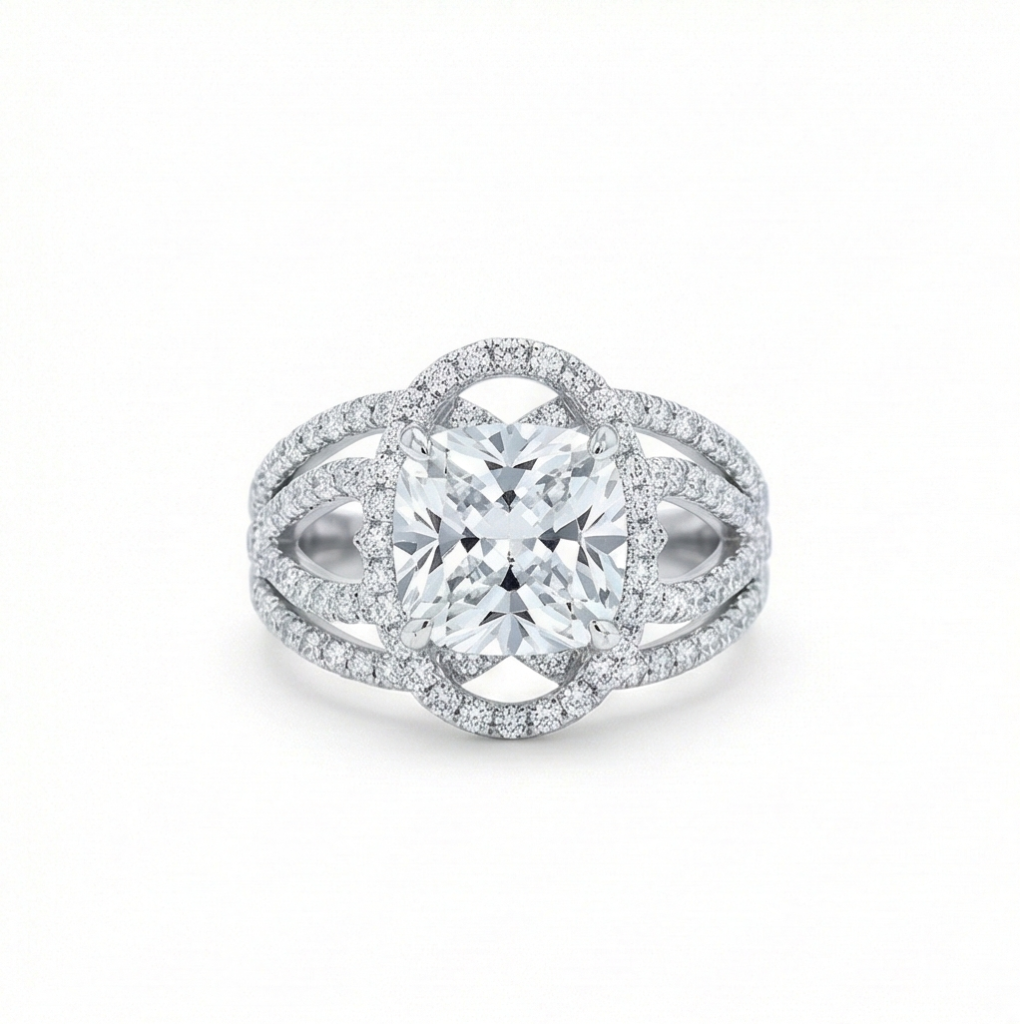 AGOR 925 Sterling Silver Cushion Cut Criss-Cross Halo Ring High Polish Rhodium Finish Elegant Jewellery - Size 8