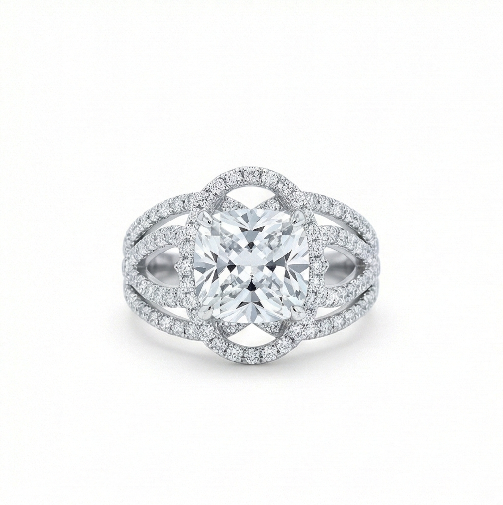 925 Sterling Silver Cushion Cut Criss-Cross Halo Ring High Polish Rhodium Finish Elegant Jewellery - Size 8