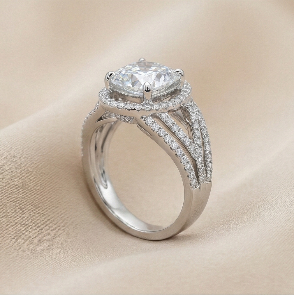 925 Sterling Silver Cushion Cut Criss-Cross Halo Ring High Polish Rhodium Finish Elegant Jewellery - Size 7