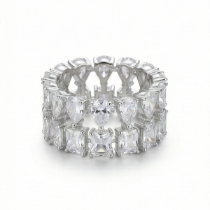 AGOR 925 Sterling Silver Double Row Statement Ring High Polish Rhodium Finish Elegant Jewellery for Women - Size 8