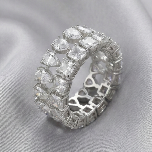 AGOR 925 Sterling Silver Double Row Statement Ring High Polish Rhodium Finish Elegant Jewellery for Women - Size 8