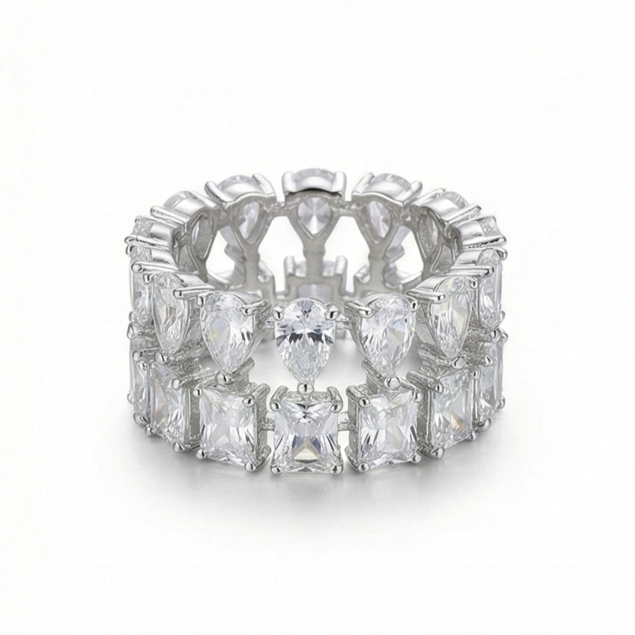 925 Sterling Silver Double Row Statement Ring High Polish Rhodium Finish Elegant Jewellery for Women - Size 7