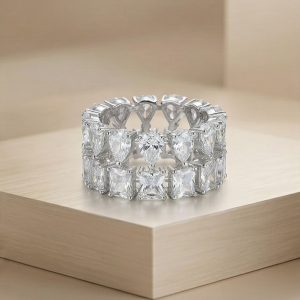 AGOR 925 Sterling Silver Double Row Statement Ring High Polish Rhodium Finish Elegant Jewellery for Women - Size 7