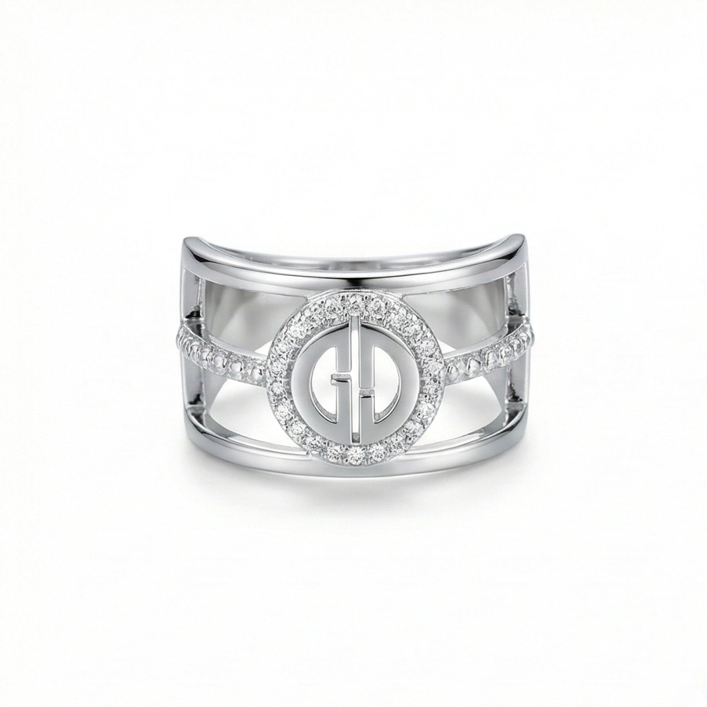 925 Sterling Silver Wide Cutout Geometric Ring High Polish Rhodium Finish Contemporary Jewellery - Size 7