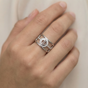 925 Sterling Silver Wide Cutout Geometric Ring High Polish Rhodium Finish Contemporary Jewellery - Size 7