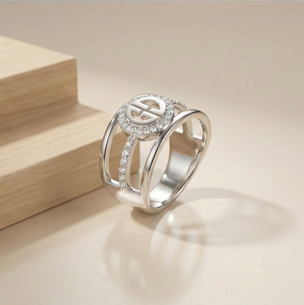 925 Sterling Silver Wide Cutout Geometric Ring High Polish Rhodium Finish Contemporary Jewellery - Size 6