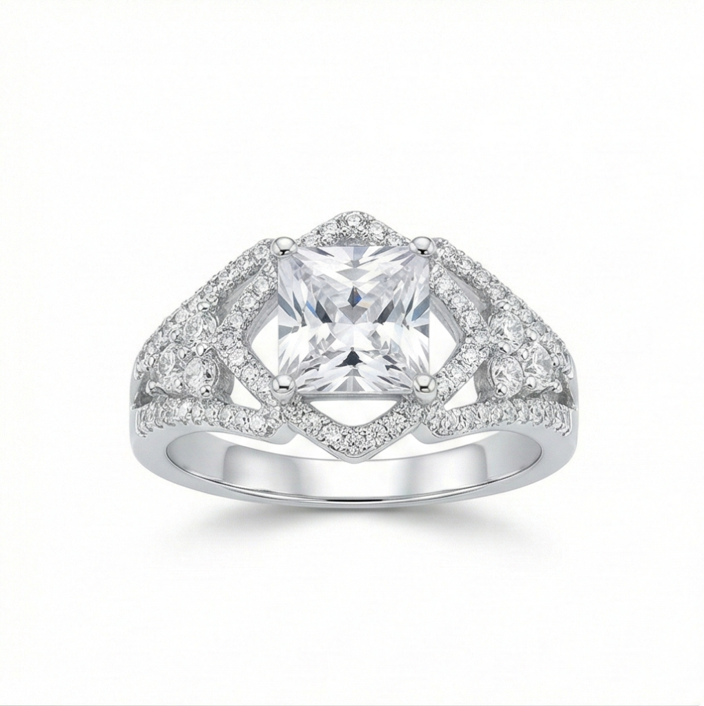 AGOR 925 Sterling Silver Princess Cut Halo Ring High Polish Rhodium Finish Statement Jewellery for Women - Size 8