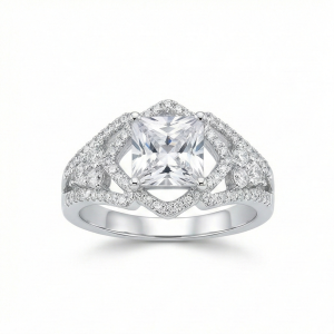 AGOR 925 Sterling Silver Princess Cut Halo Ring High Polish Rhodium Finish Statement Jewellery for Women - Size 8