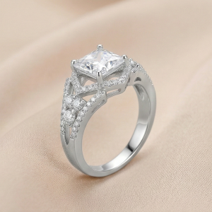 AGOR 925 Sterling Silver Princess Cut Halo Ring High Polish Rhodium Finish Statement Jewellery for Women - Size 8