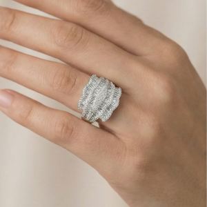 AGOR 925 Sterling Silver Multi-Row Cocktail Ring High Polish Rhodium Finish Glamour Jewellery for Women - Size 8
