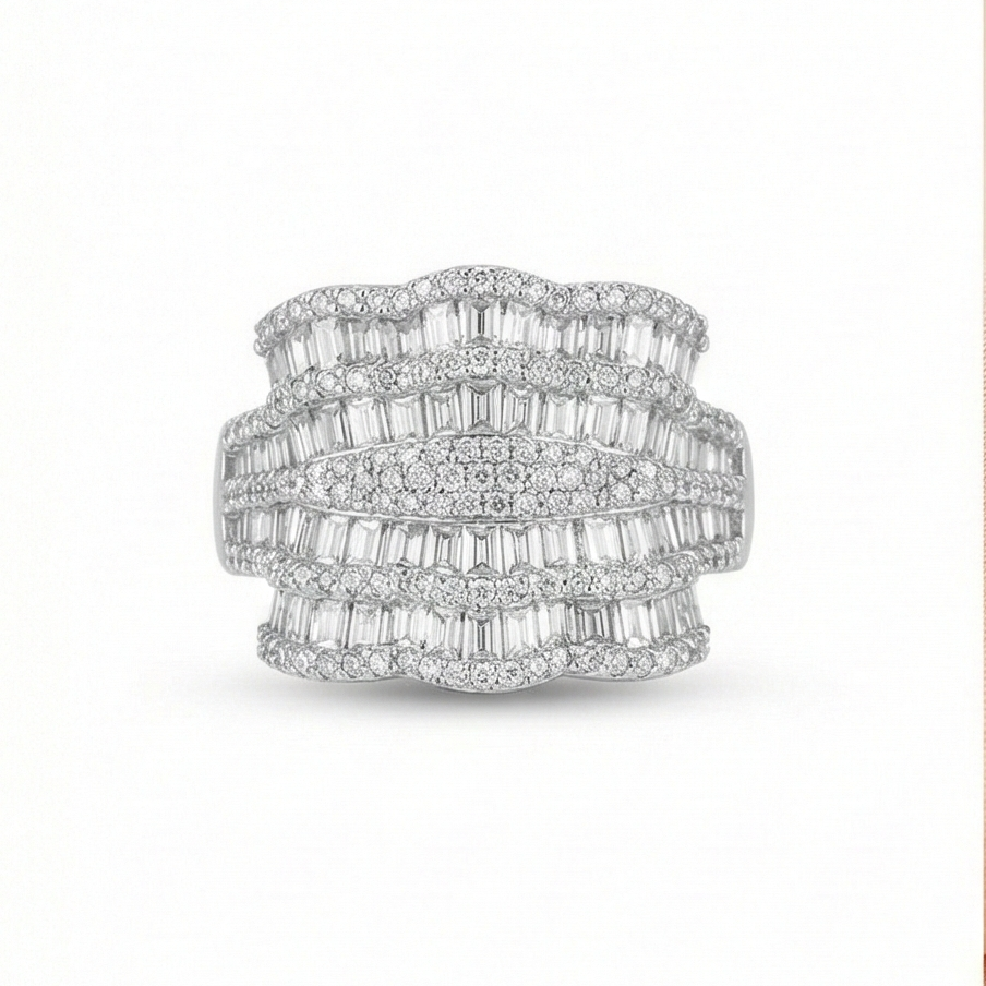 925 Sterling Silver Multi-Row Cocktail Ring High Polish Rhodium Finish Glamour Jewellery for Women - Size 7
