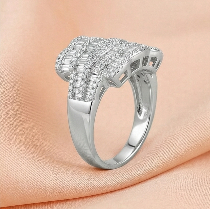 925 Sterling Silver Multi-Row Cocktail Ring High Polish Rhodium Finish Glamour Jewellery for Women - Size 7