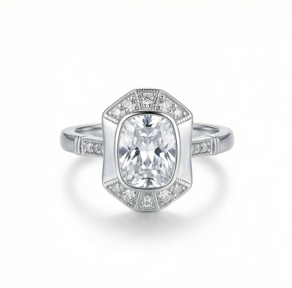 AGOR 925 Sterling Silver Vintage Art Deco Halo Ring High Polish Rhodium Finish Classic Jewellery - Size 7