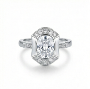 AGOR 925 Sterling Silver Vintage Art Deco Halo Ring High Polish Rhodium Finish Classic Jewellery - Size 8