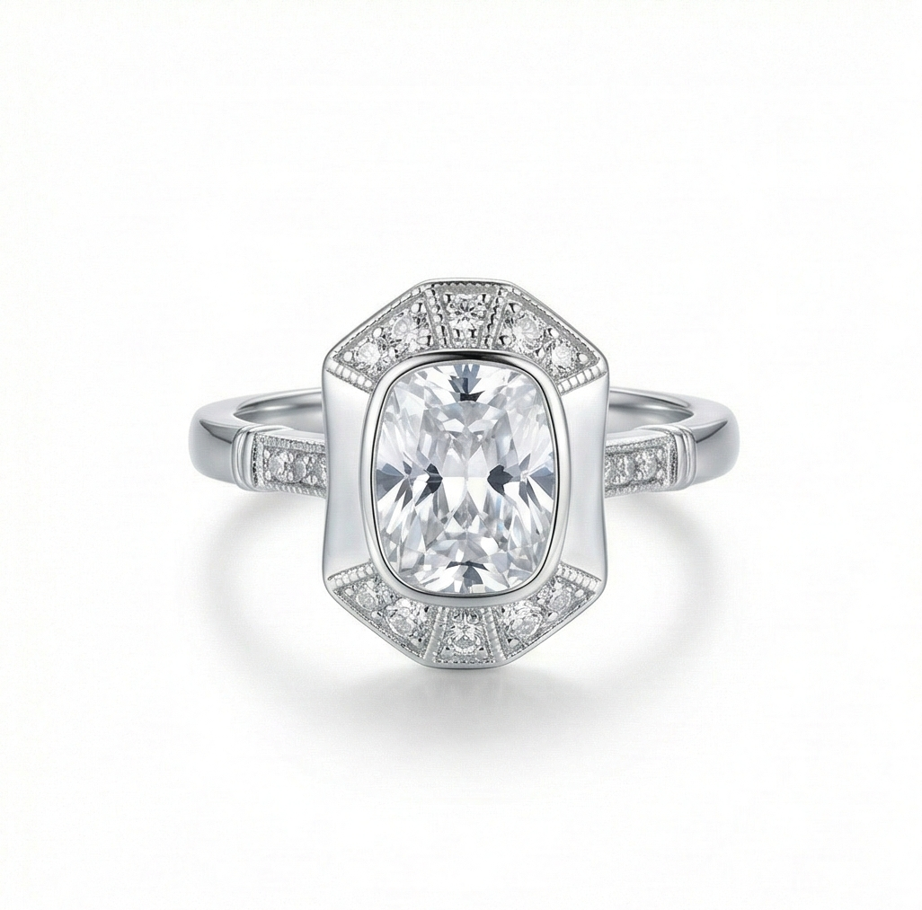 925 Sterling Silver Vintage Art Deco Halo Ring High Polish Rhodium Finish Classic Jewellery - Size 8