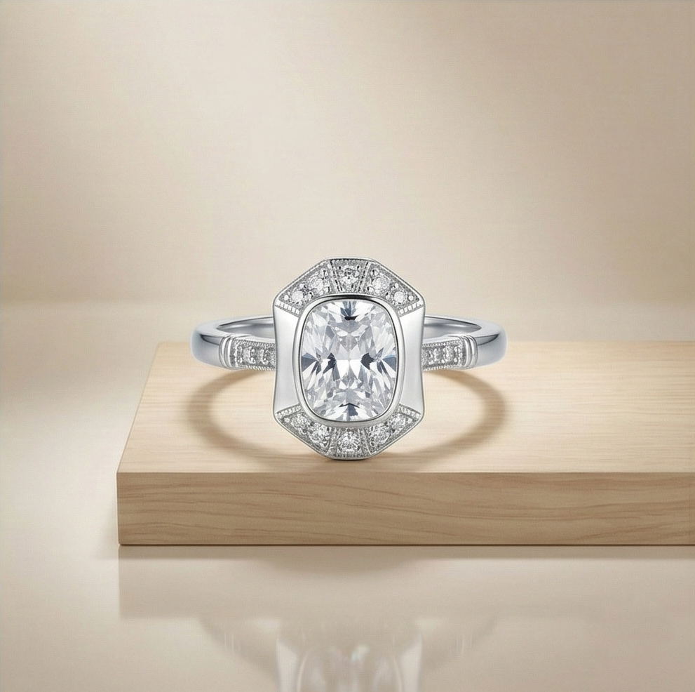 925 Sterling Silver Vintage Art Deco Halo Ring High Polish Rhodium Finish Classic Jewellery - Size 6