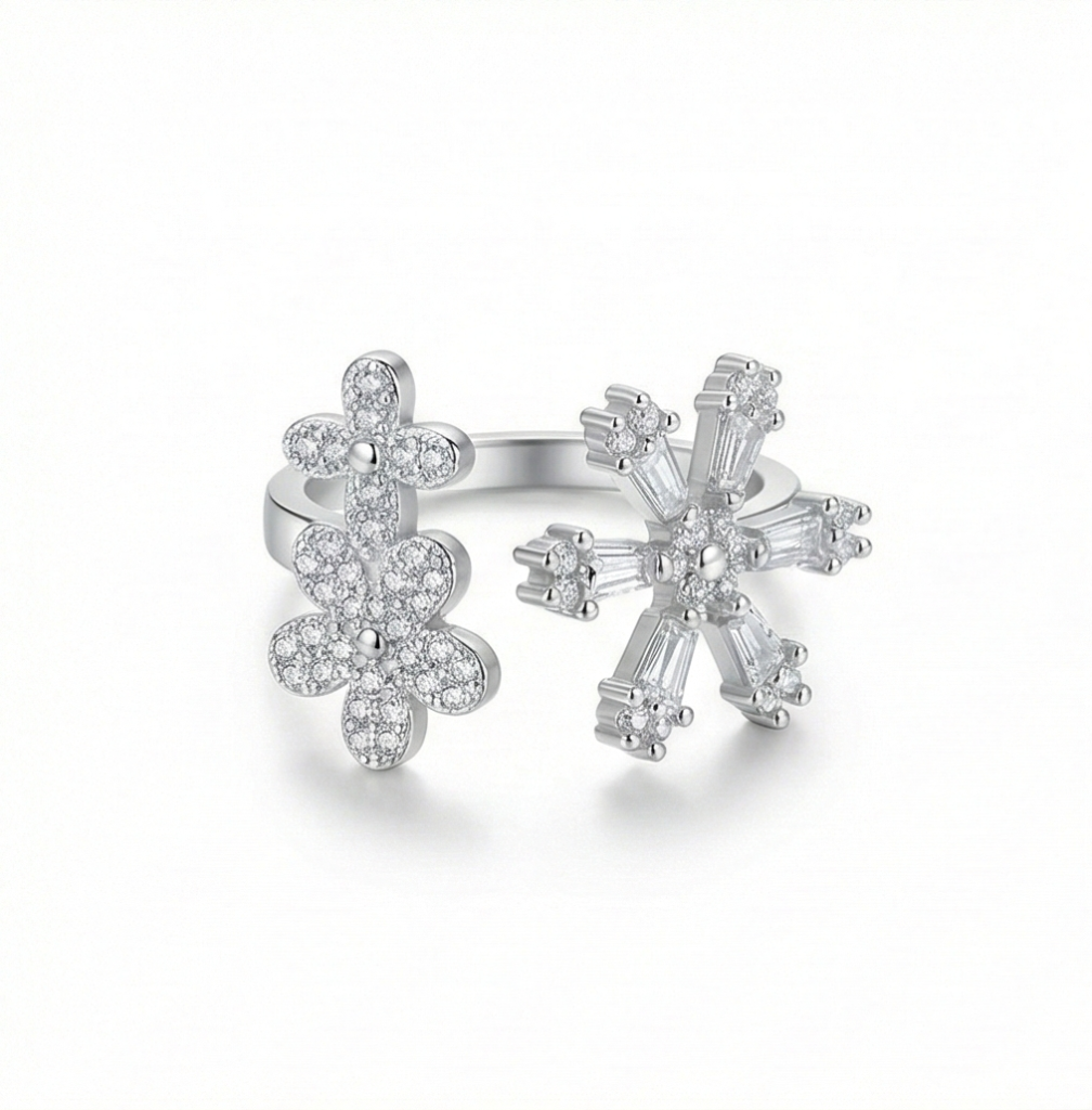 AGOR 925 Sterling Silver Floral Snowflake Open Bypass Ring High Polish Rhodium Finish Delicate Jewellery