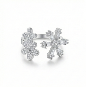 AGOR 925 Sterling Silver Floral Snowflake Open Bypass Ring High Polish Rhodium Finish Delicate Jewellery