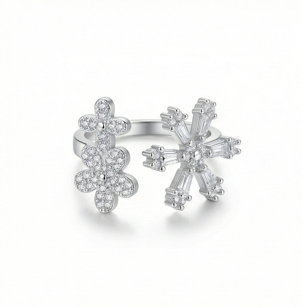 925 Sterling Silver Floral Snowflake Open Bypass Ring High Polish Rhodium Finish Delicate Jewellery