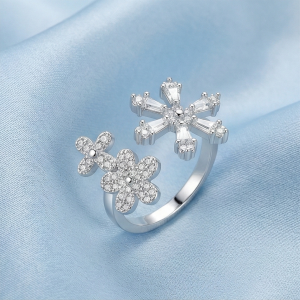 AGOR 925 Sterling Silver Floral Snowflake Open Bypass Ring High Polish Rhodium Finish Delicate Jewellery