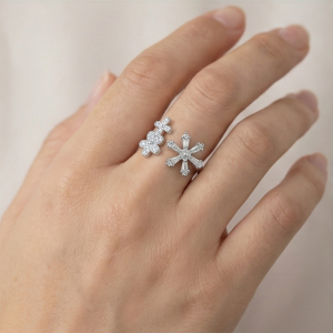 AGOR 925 Sterling Silver Floral Snowflake Open Bypass Ring High Polish Rhodium Finish Delicate Jewellery