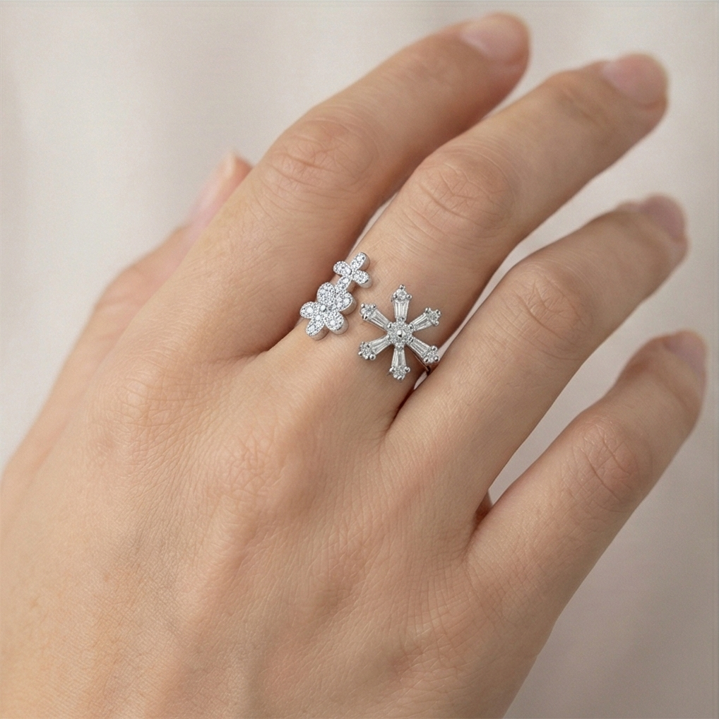925 Sterling Silver Floral Snowflake Open Bypass Ring High Polish Rhodium Finish Delicate Jewellery