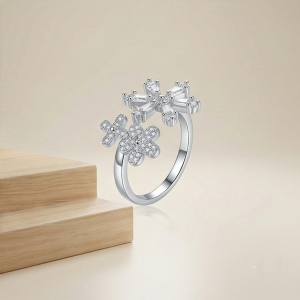 AGOR 925 Sterling Silver Floral Snowflake Open Bypass Ring High Polish Rhodium Finish Delicate Jewellery