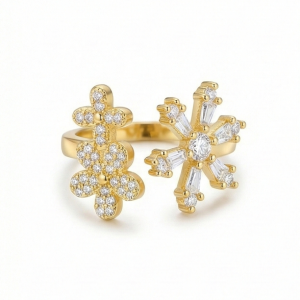 AGOR 925 Sterling Silver Floral Snowflake Open Bypass Ring Gold Plated Finish Delicate Jewellery