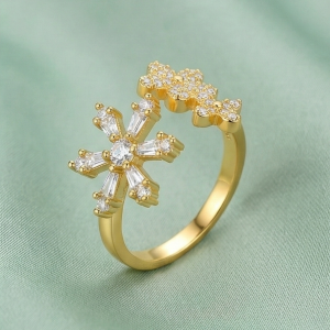 AGOR 925 Sterling Silver Floral Snowflake Open Bypass Ring Gold Plated Finish Delicate Jewellery