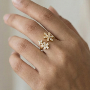 AGOR 925 Sterling Silver Floral Snowflake Open Bypass Ring Gold Plated Finish Delicate Jewellery