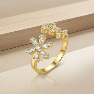 AGOR 925 Sterling Silver Floral Snowflake Open Bypass Ring Gold Plated Finish Delicate Jewellery