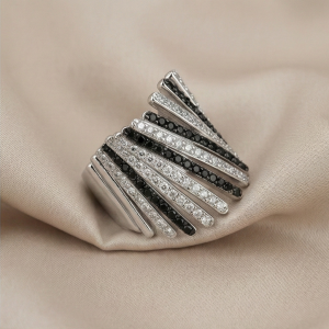 AGOR 925 Sterling Silver Diagonal Bar Monochrome Statement Ring High Polish Rhodium Finish Bold Jewellery - Size 8