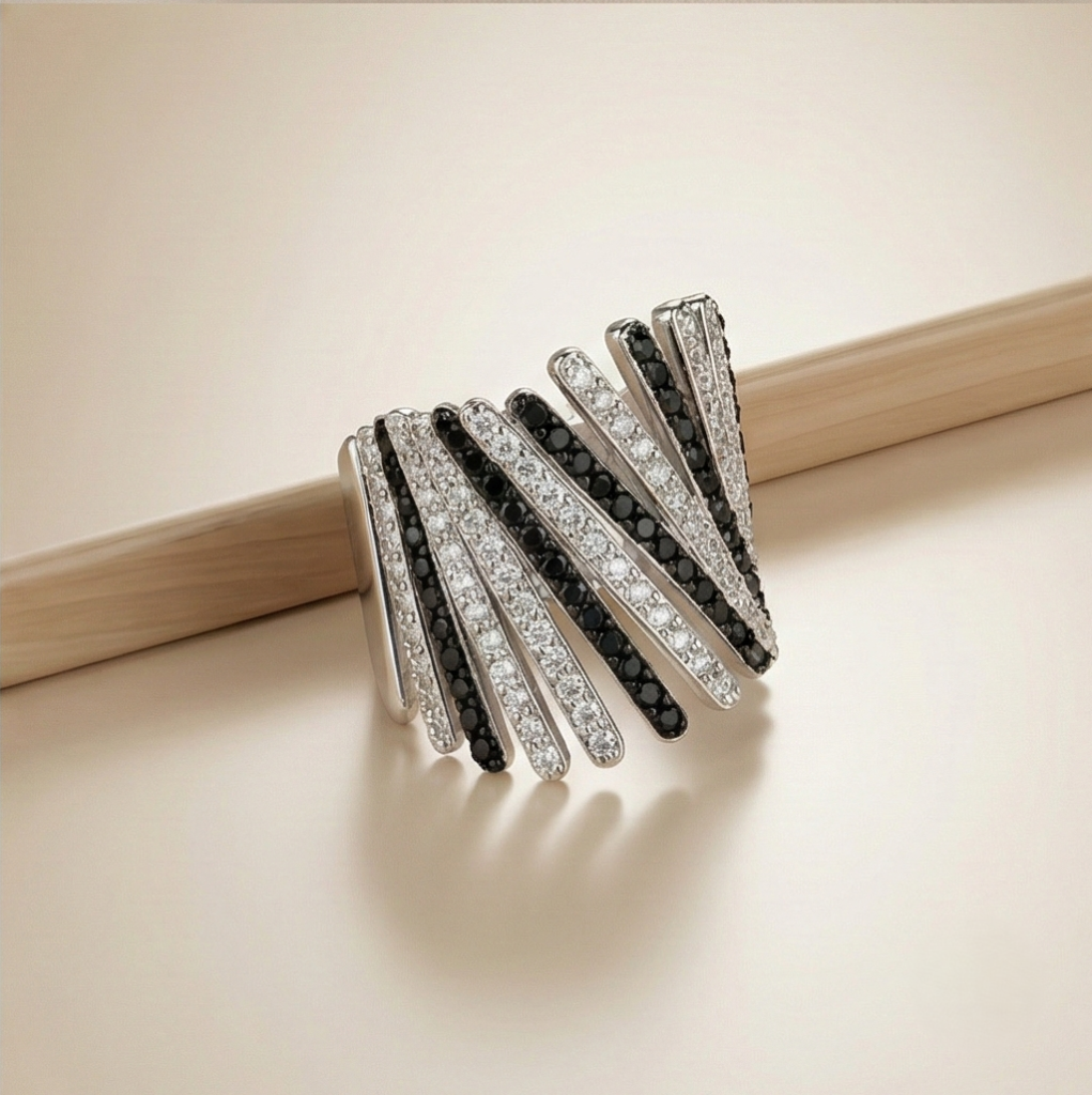 AGOR 925 Sterling Silver Diagonal Bar Monochrome Statement Ring High Polish Rhodium Finish Bold Jewellery - Size 8