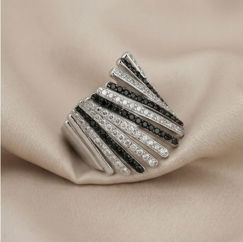AGOR 925 Sterling Silver Diagonal Bar Monochrome Statement Ring High Polish Rhodium Finish Bold Jewellery - Size 6