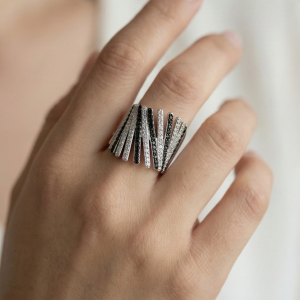 AGOR 925 Sterling Silver Diagonal Bar Monochrome Statement Ring High Polish Rhodium Finish Bold Jewellery - Size 6
